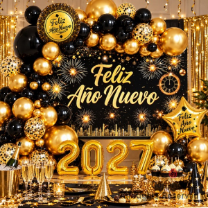 SET DE GLOBOS ARCO XL FELIZ A�O NUEVO ORO Y NEGRO (XY-10214) 100 UNIDADES